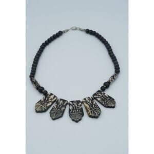 Vintage Tribal Inspired Black Carved Pendant Necklace Artisan Folk Style